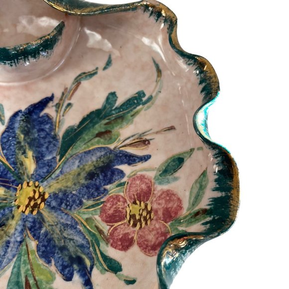 Vintage Italian Hand Craft Pottery Bowl Gold Edges Italy 5485 Blue Red Flower Se - Picture 3 of 8